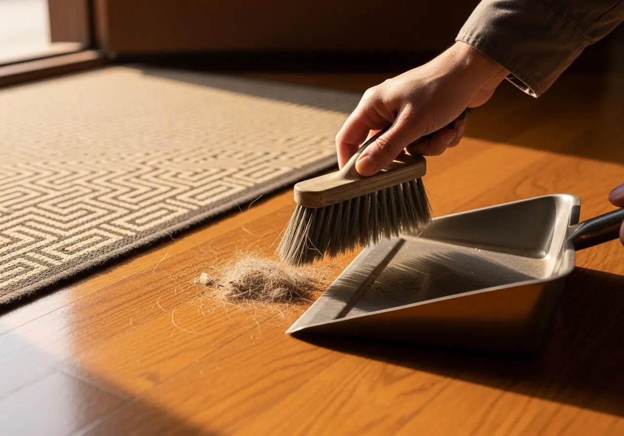 Hand sweeps dust into dustpan on hardwood floor near doormat.