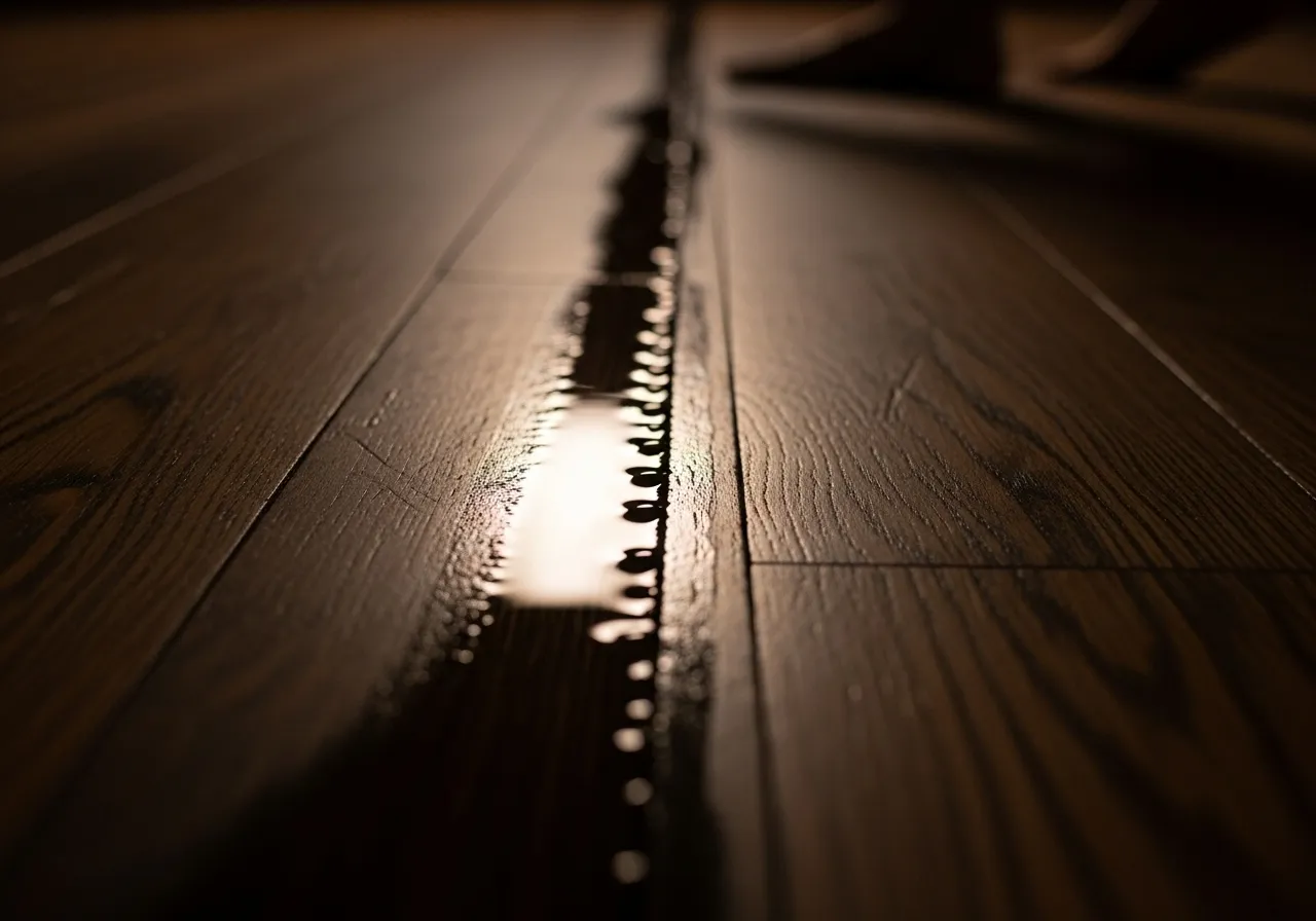 Water damage on hardwood floor, close-up.