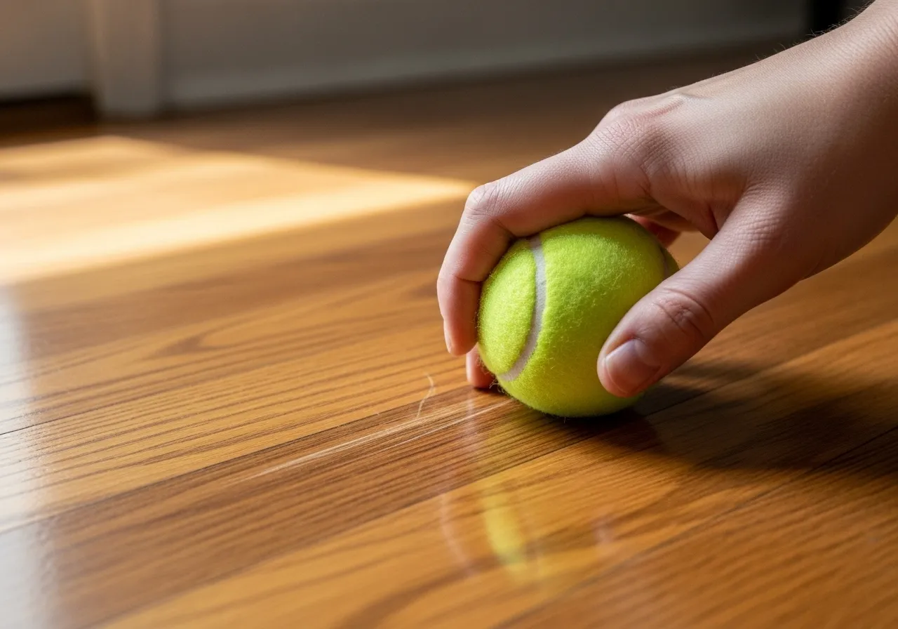 Hand using tennis ball to remove scuff mark from hardwood floor.