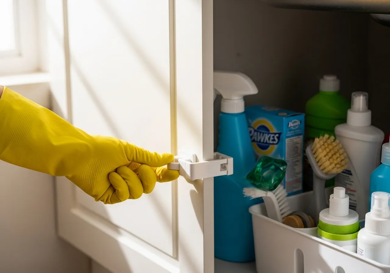 Hand securing childproof lock on cleaning supply cabinet.