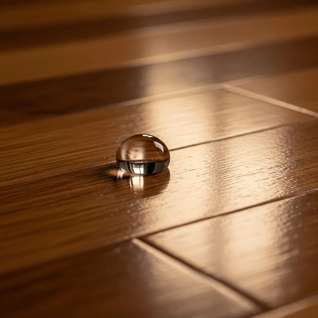 Water beading on hardwood floor demonstrates a protective finish.