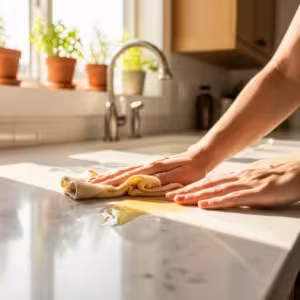 Hands cleaning a kitchen counter with a homemade, non-toxic cleaner.