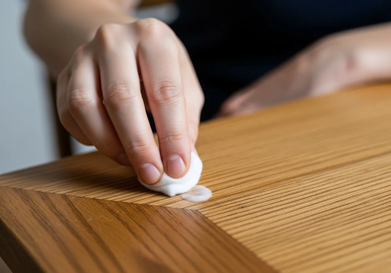 Hand applying a small amount of cleaning solution to a hidden area for a patch test.