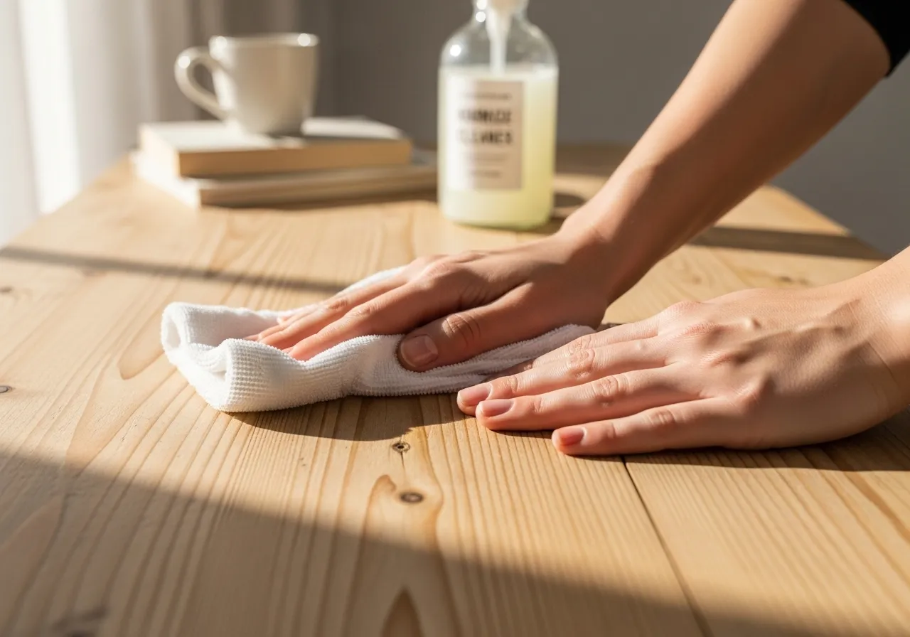 Hands cleaning wood with homemade non-toxic cleaner.