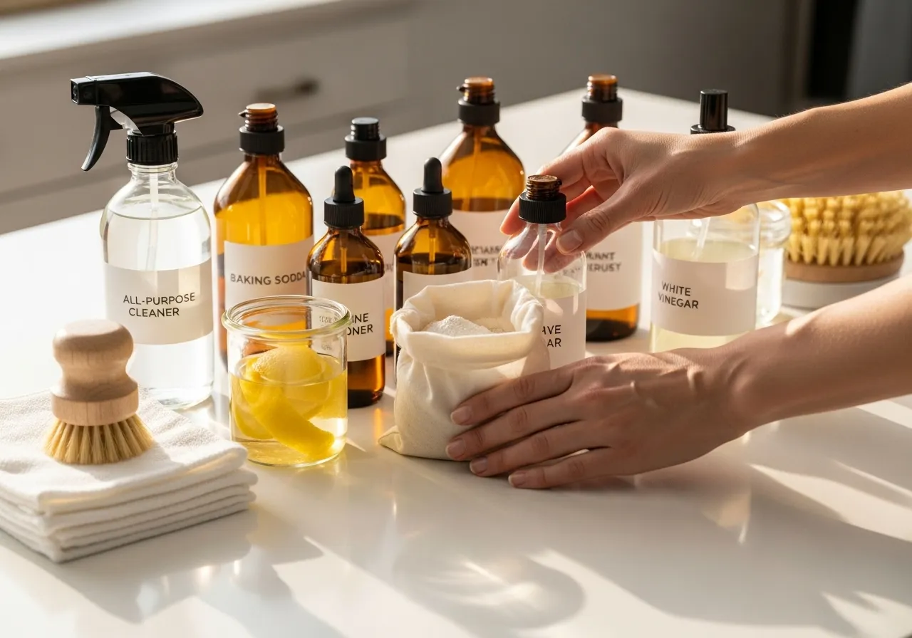 Clean countertop with organized DIY cleaning supplies: spray bottles, cloths, baking soda, and vinegar.