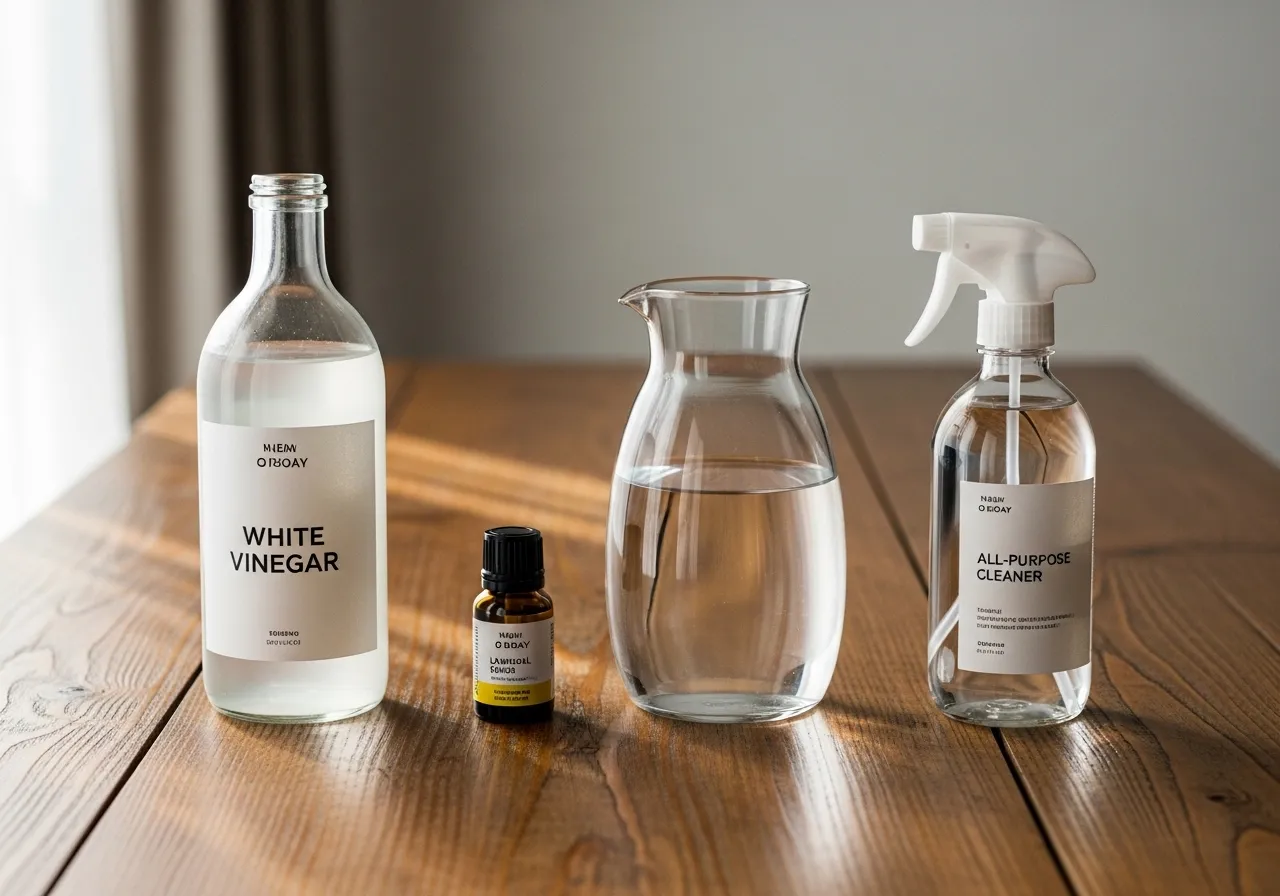 Ingredients for all-purpose cleaner: vinegar, water, essential oil, spray bottle.