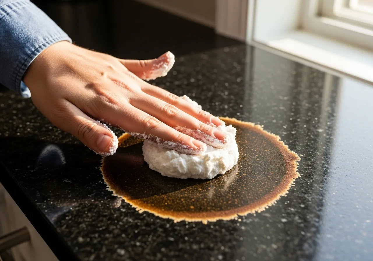 Hand applying baking soda paste to a stained countertop.
