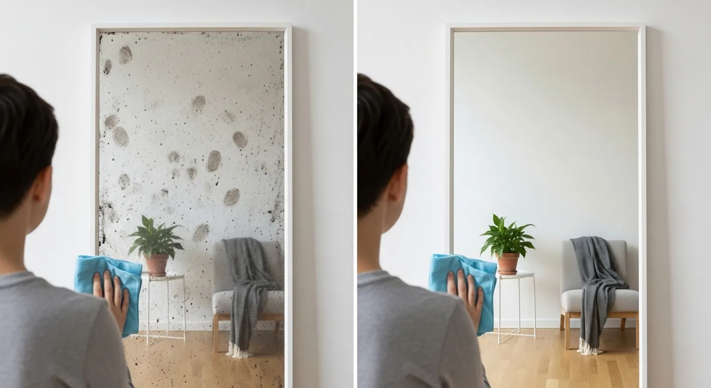 Before & after of a mirror cleaning, showing a clean, minimalist room.