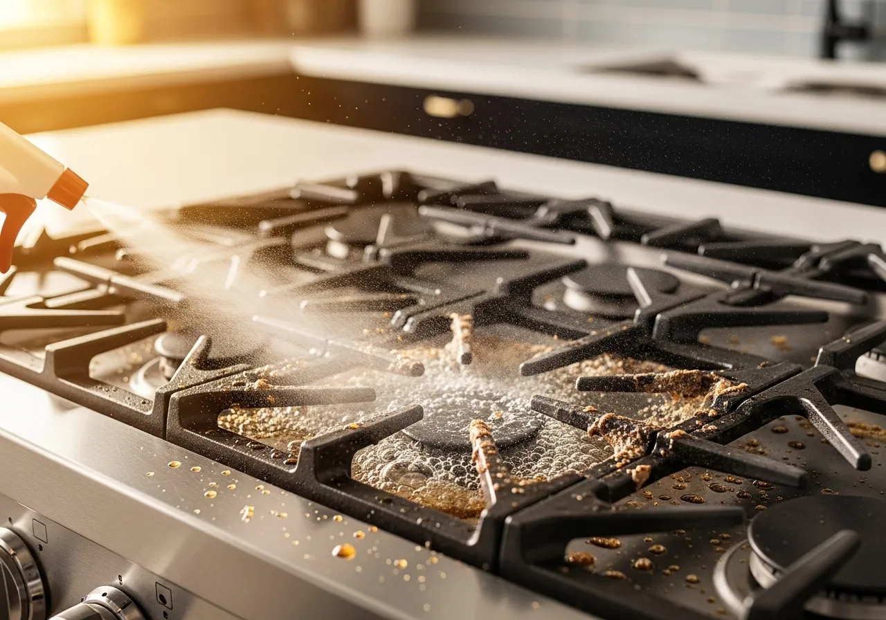 Dissolving kitchen grime with non-toxic cleaner.