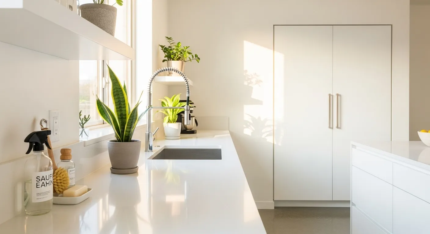 Clean, minimalist kitchen with DIY cleaning supplies.