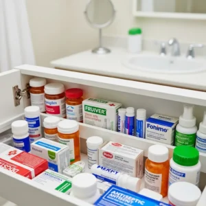 An open medicine cabinet displays neatly organized medications and first-aid supplies.