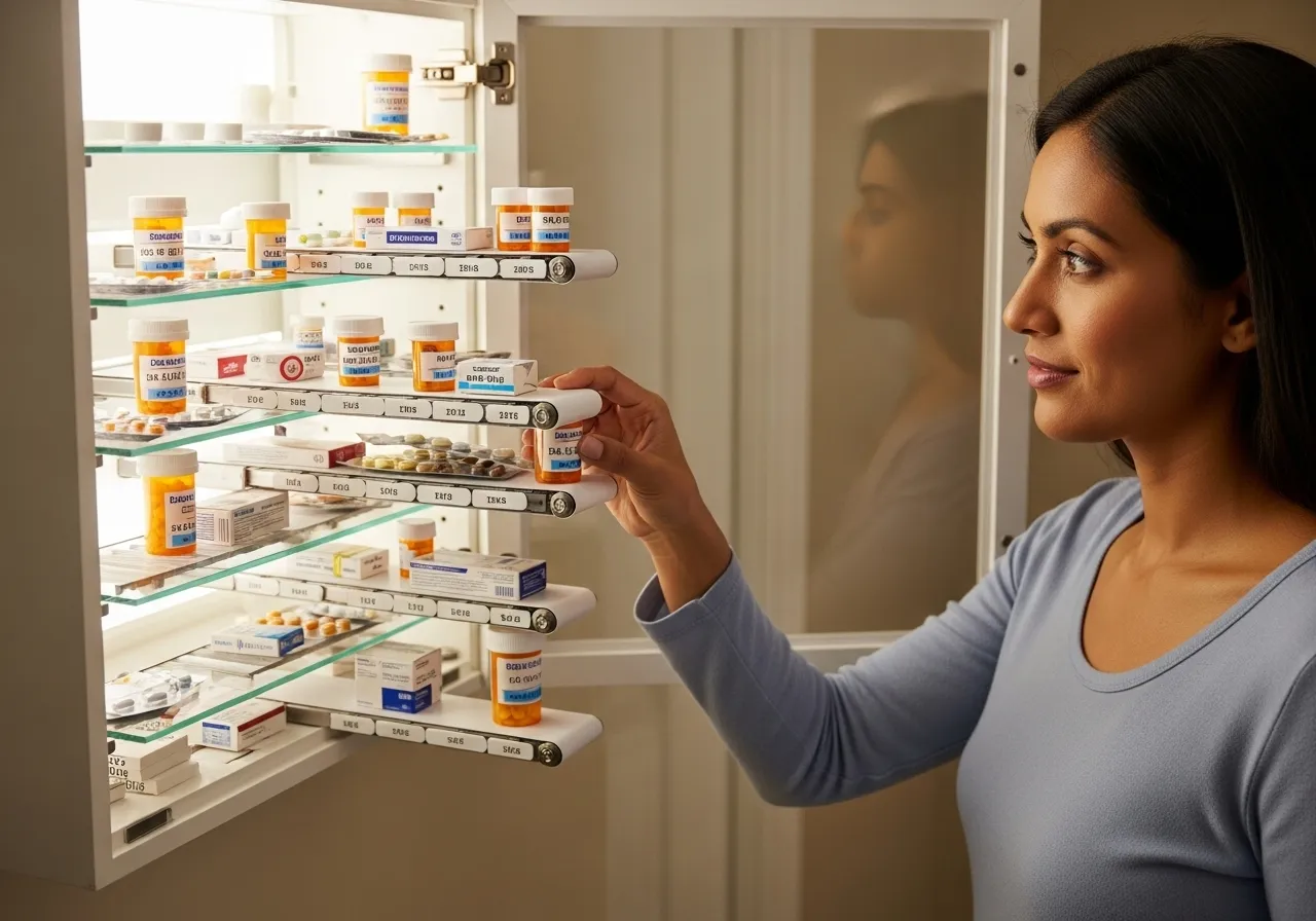 A conceptual image of a medicine cabinet with conveyor belt shelves, illustrating the FEFO method.