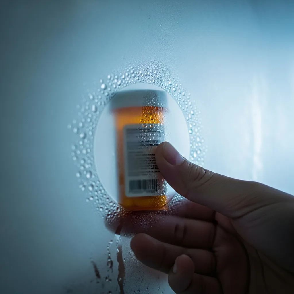 A pill bottle with condensation, symbolizing the humidity that can damage medicine stored in bathrooms.