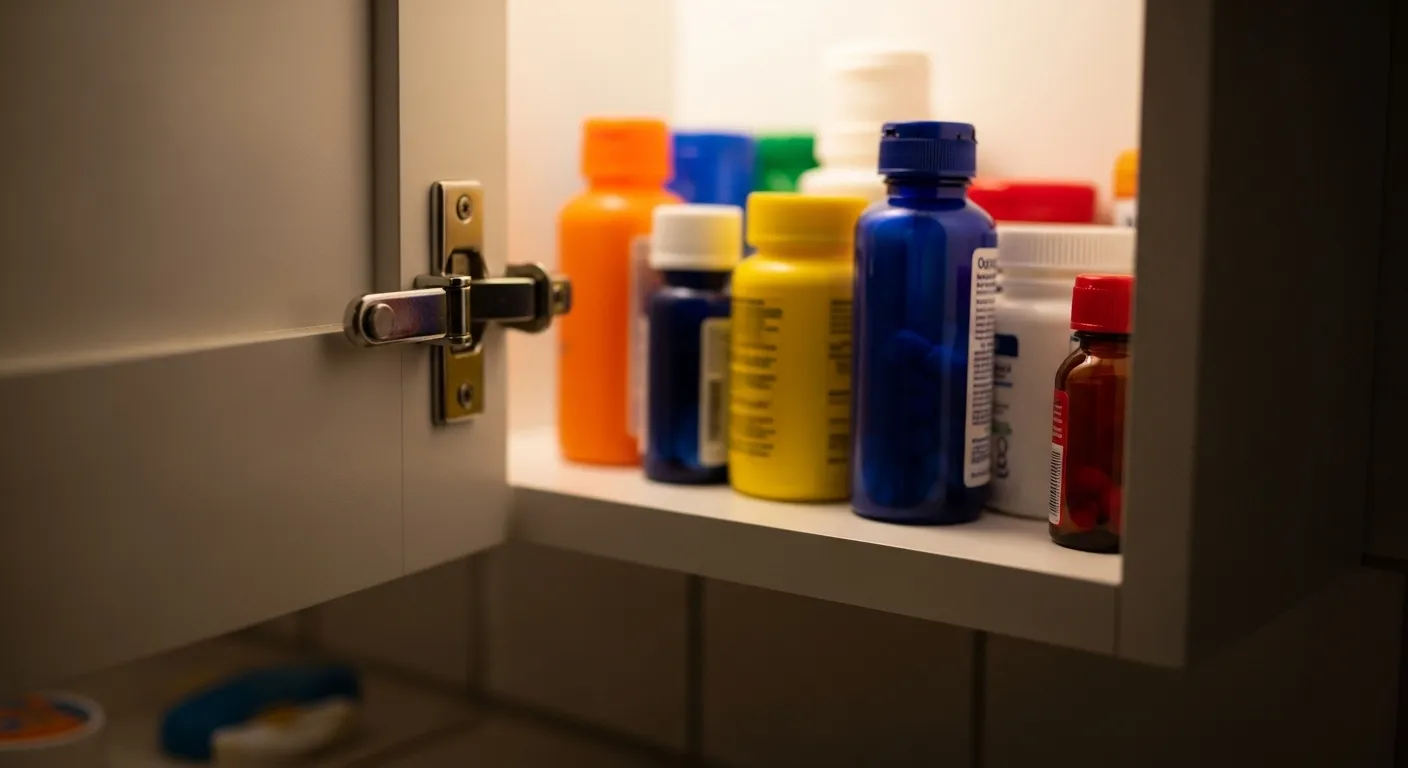 A child's-eye view of a medicine cabinet with a safety latch engaged.