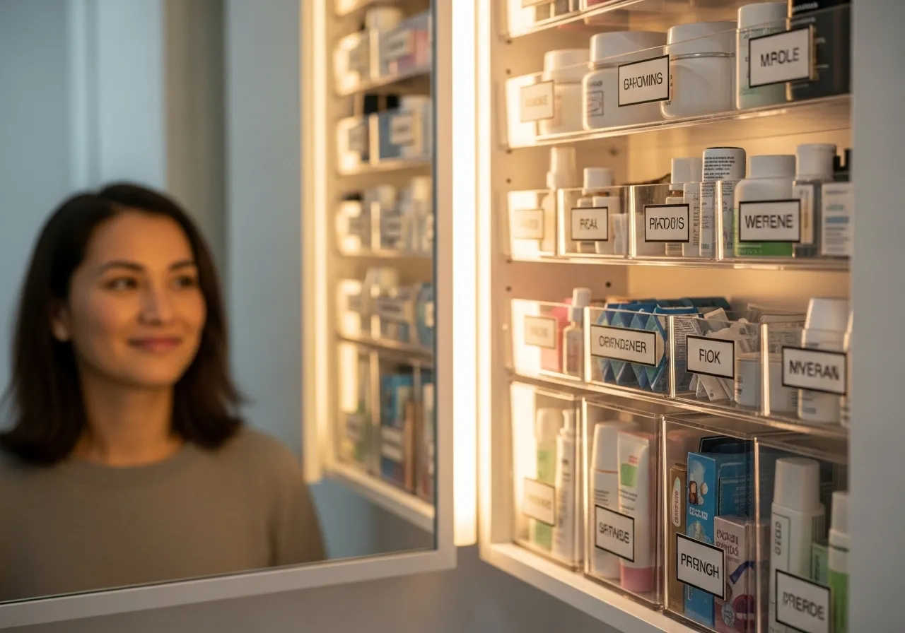 A person smiles at their newly organized medicine cabinet, which is in focus.