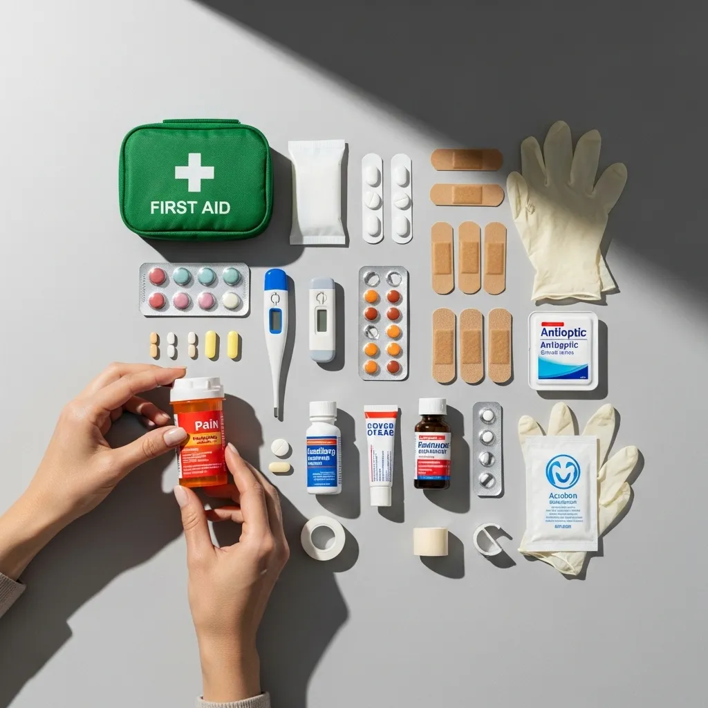 Essential medications and first aid supplies neatly arranged on a neutral background.