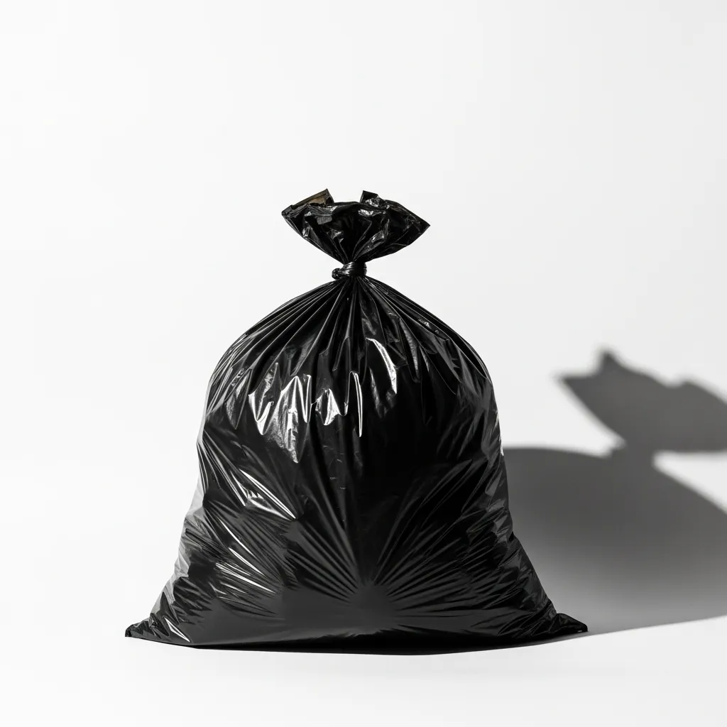 A single white trash bag stands ready for use.