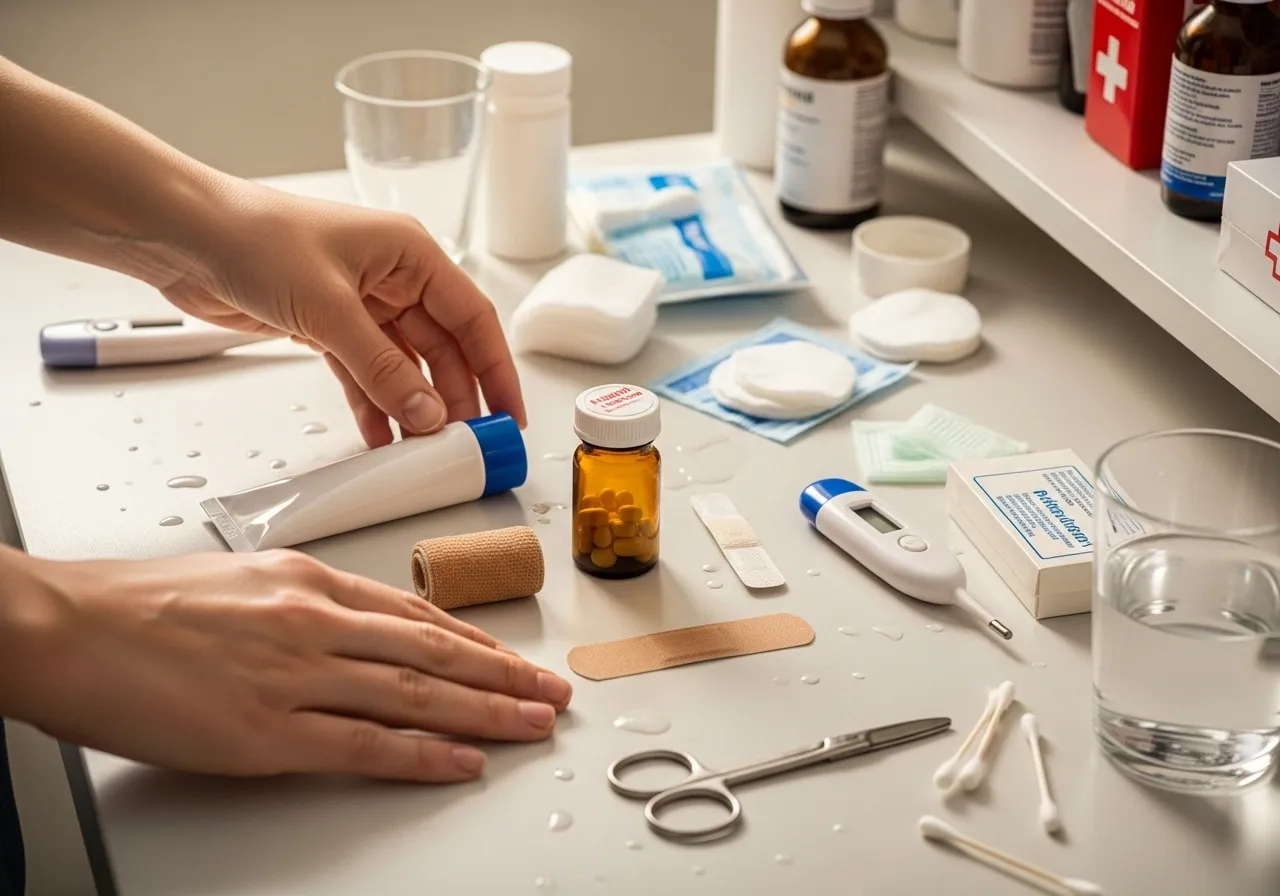 Hands placing the last items from a medicine cabinet onto a countertop, loosely grouped by type.