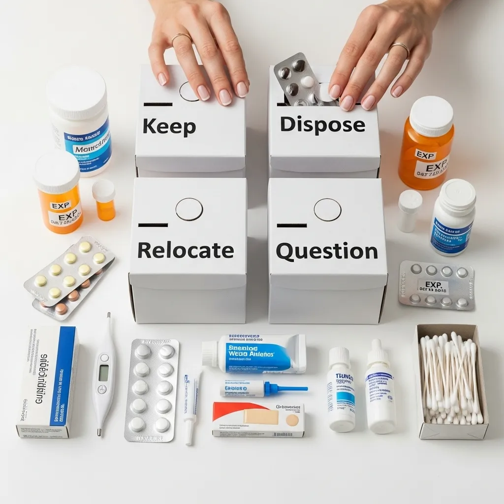 Four labeled boxes for sorting medicine cabinet items are surrounded by various medicines and healthcare products.
