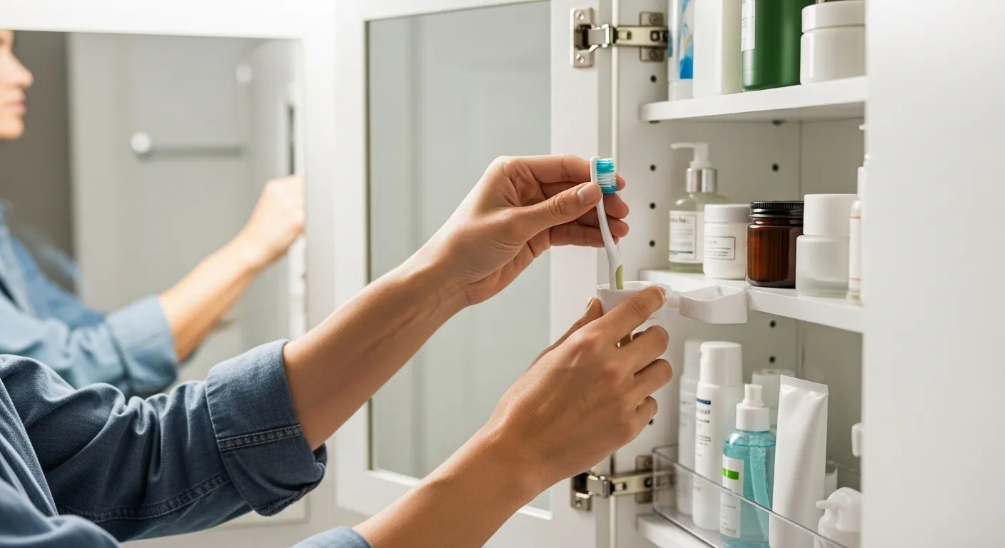 A person easily accesses a toothbrush from the 'reach zone' of a well-organized medicine cabinet.