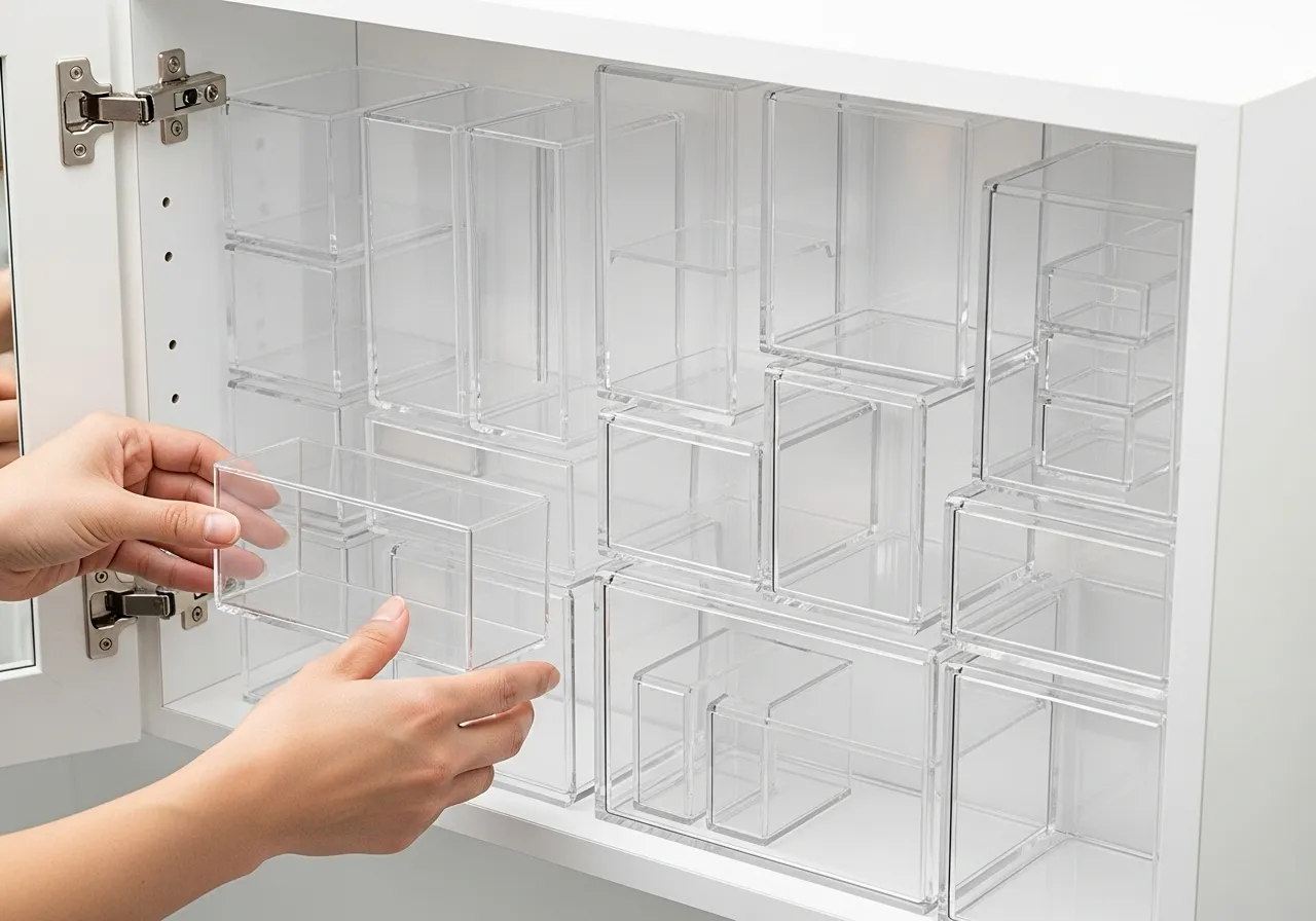 Clear acrylic organizers precisely fit the shelves of a medicine cabinet.