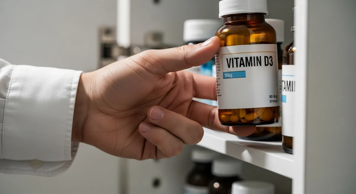 A hand reaches for a clearly labeled medicine bottle.