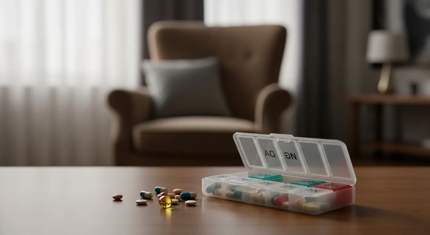 An open pill organizer with scattered pills, suggesting a missed dose in a senior's living room setting.