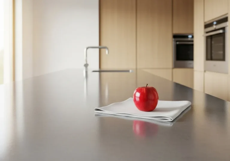 Clean kitchen counter with an apple, demonstrating pest prevention through cleanliness.