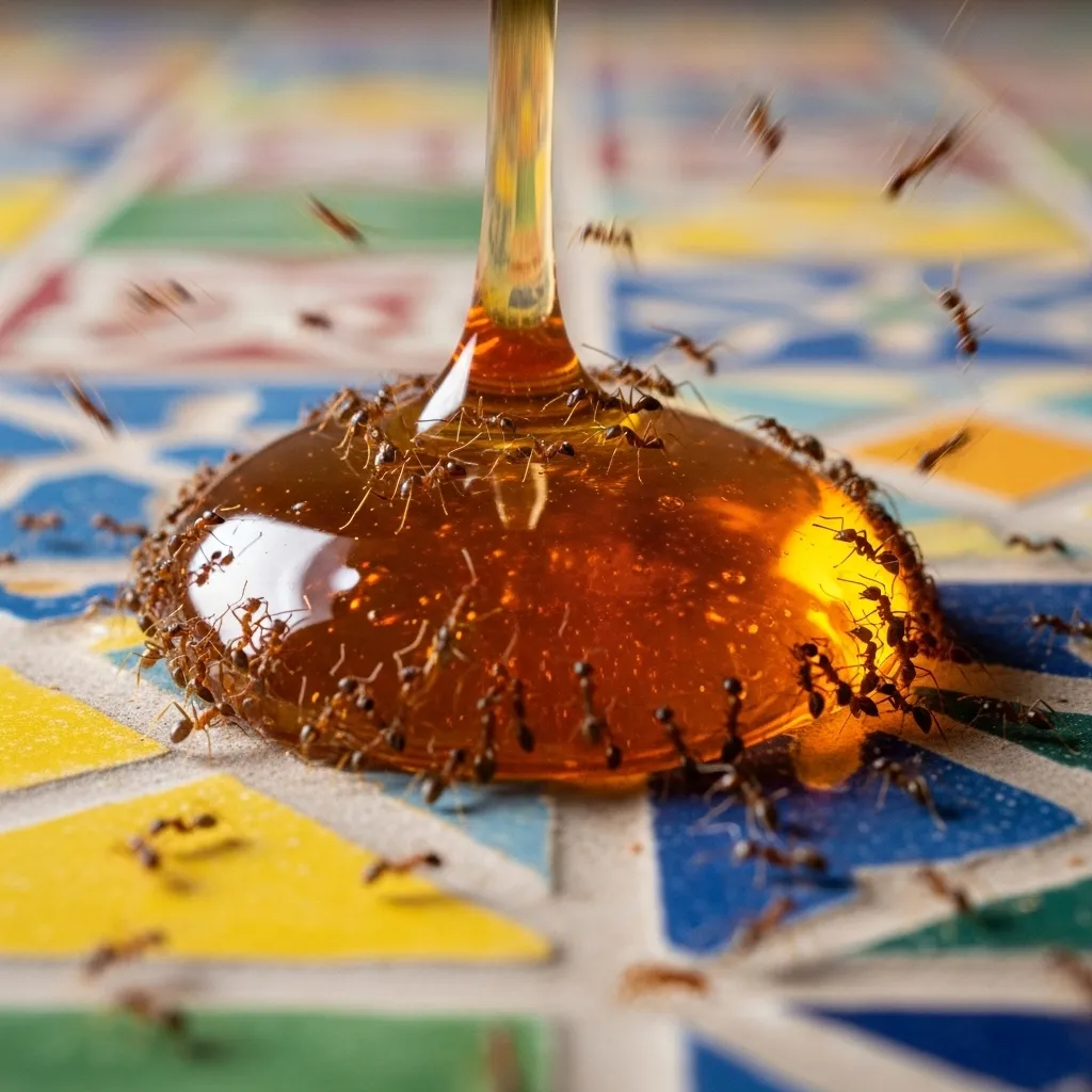 Ants swarming spilled juice on kitchen floor.