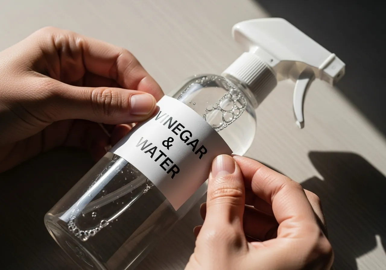 Hands labeling a homemade pest repellent spray bottle.