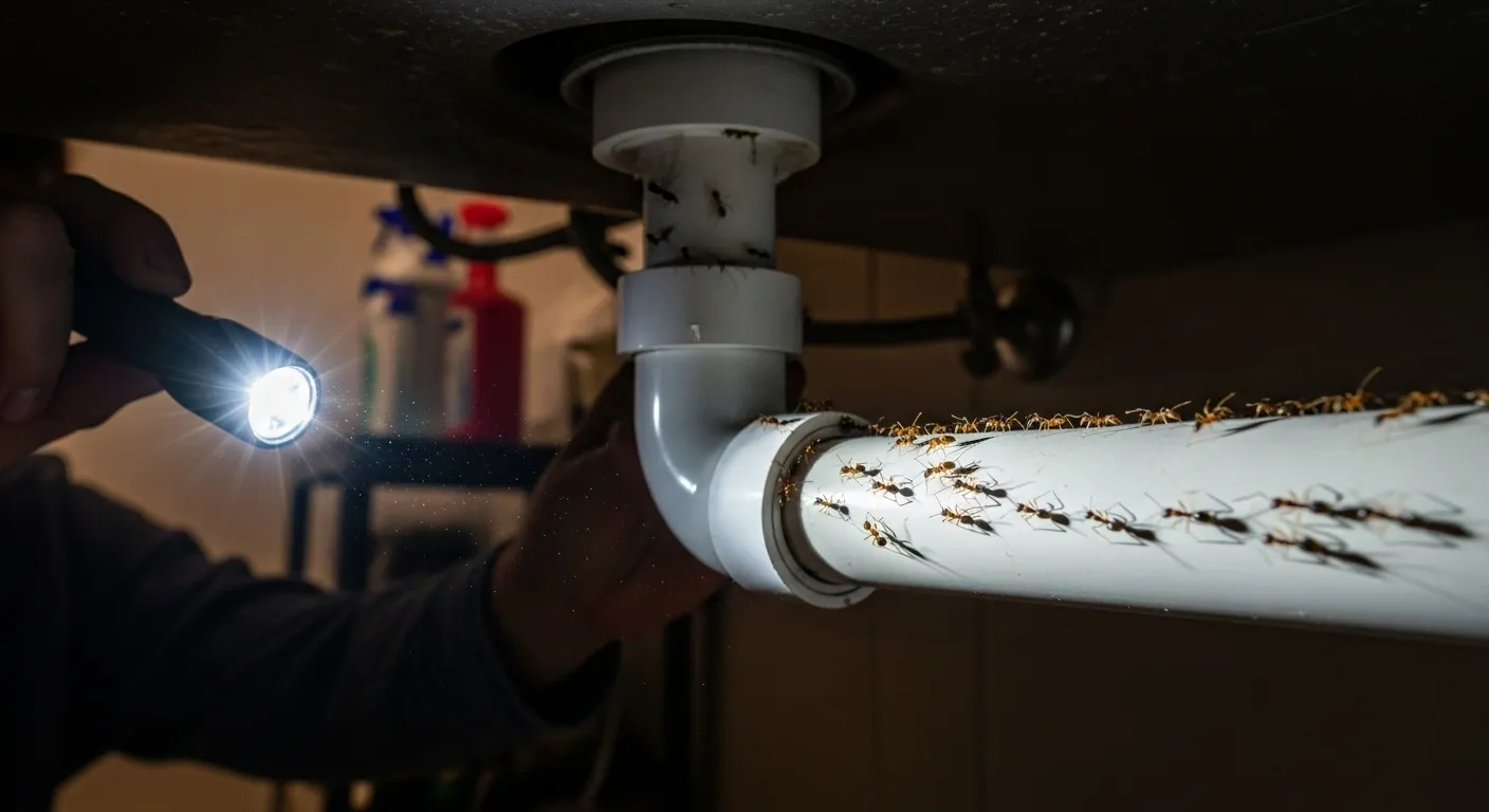 Ants on a pipe under a sink, lit by flashlight.