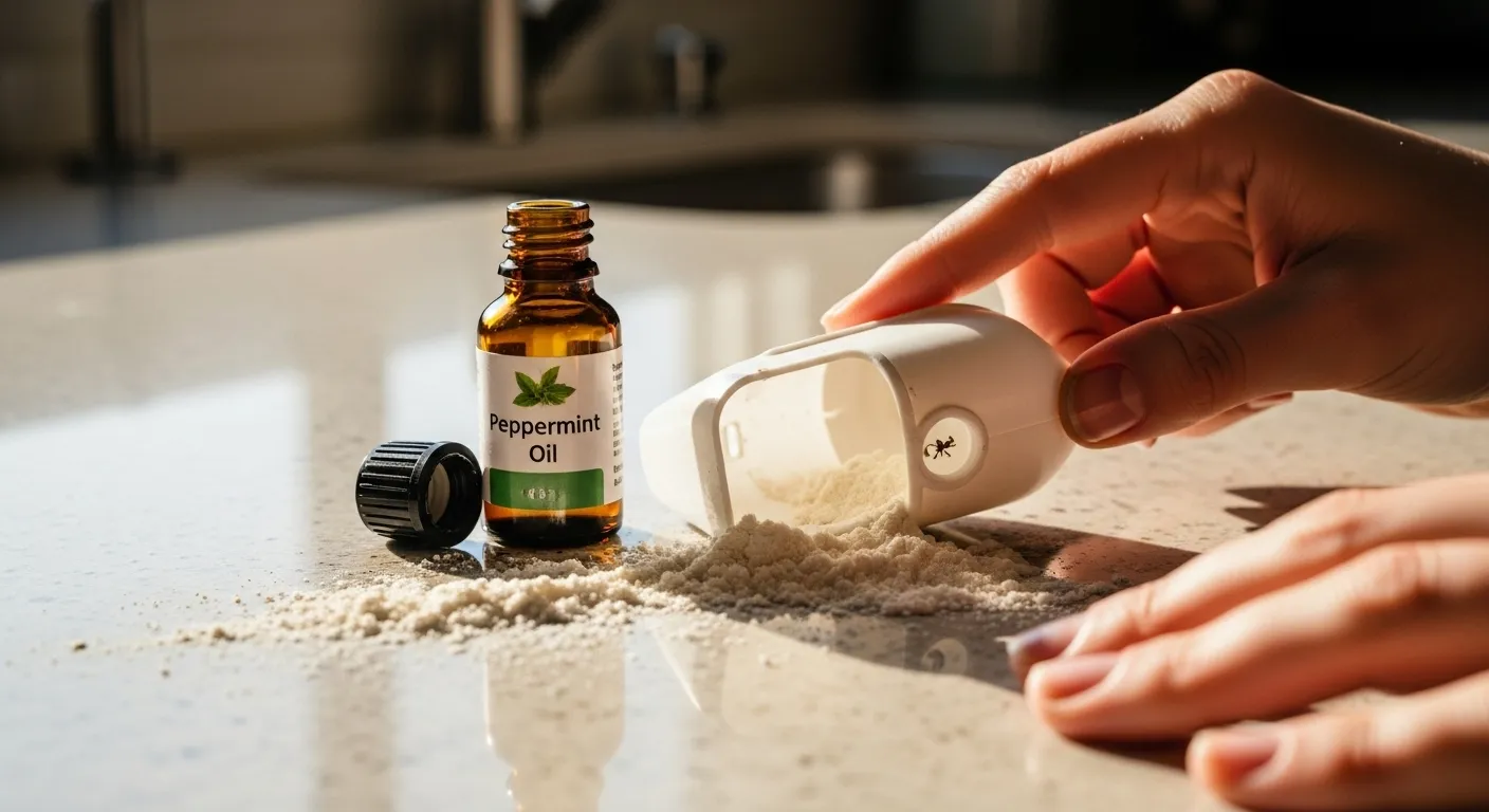 Essential oil bottle, empty ant trap, spilled flour.