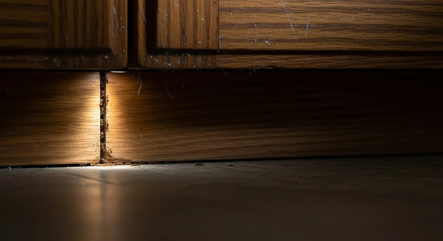 Ants entering gap under cabinet.