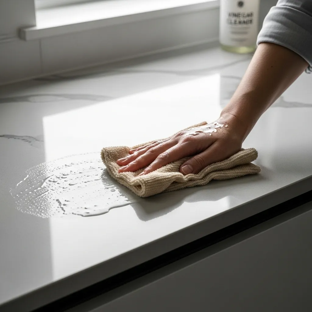 Hand wiping kitchen counter with vinegar solution.