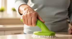 Person with arthritis comfortably using an ergonomic cleaning tool.