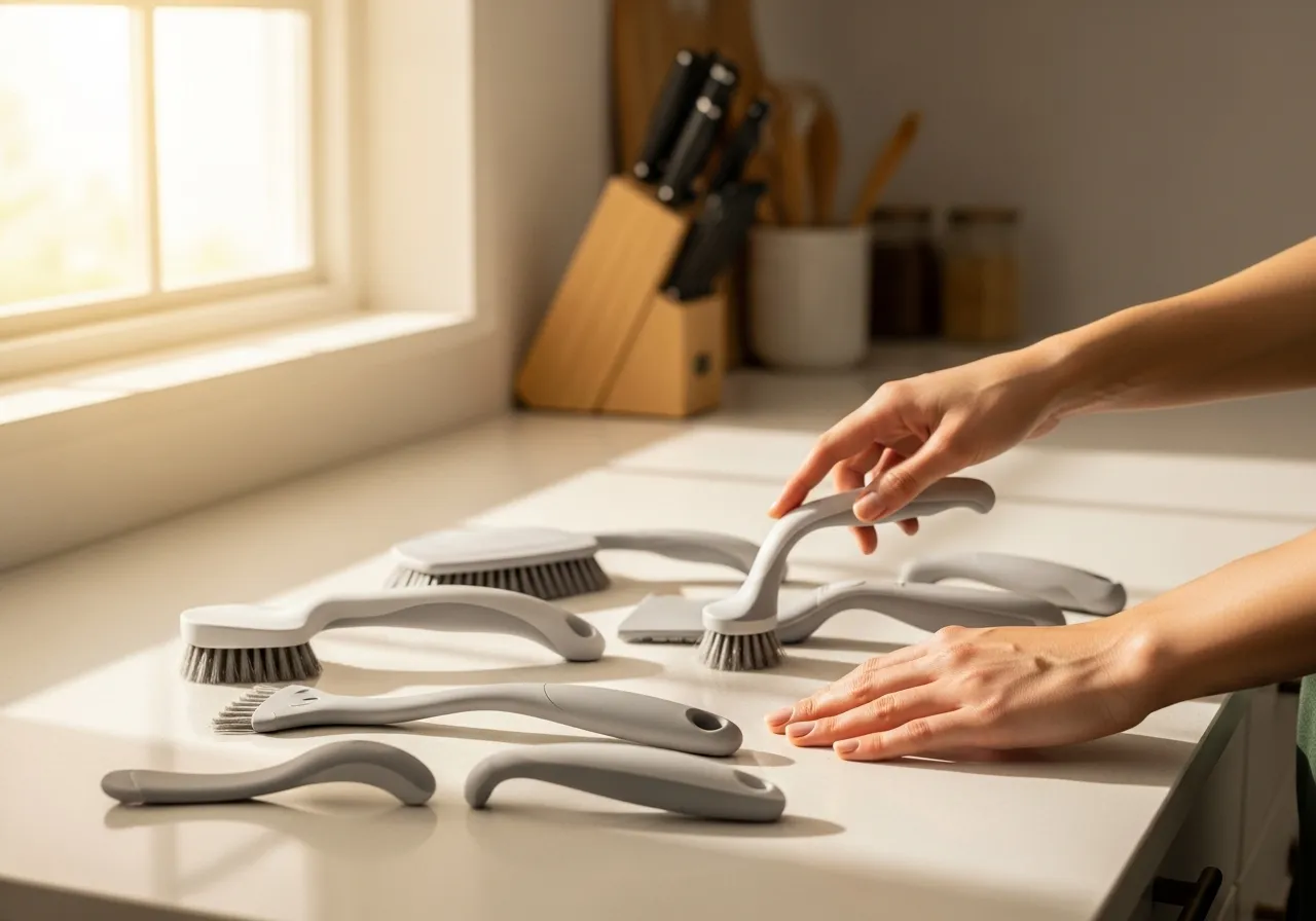 Ergonomic cleaning tools arranged on a kitchen counter.
