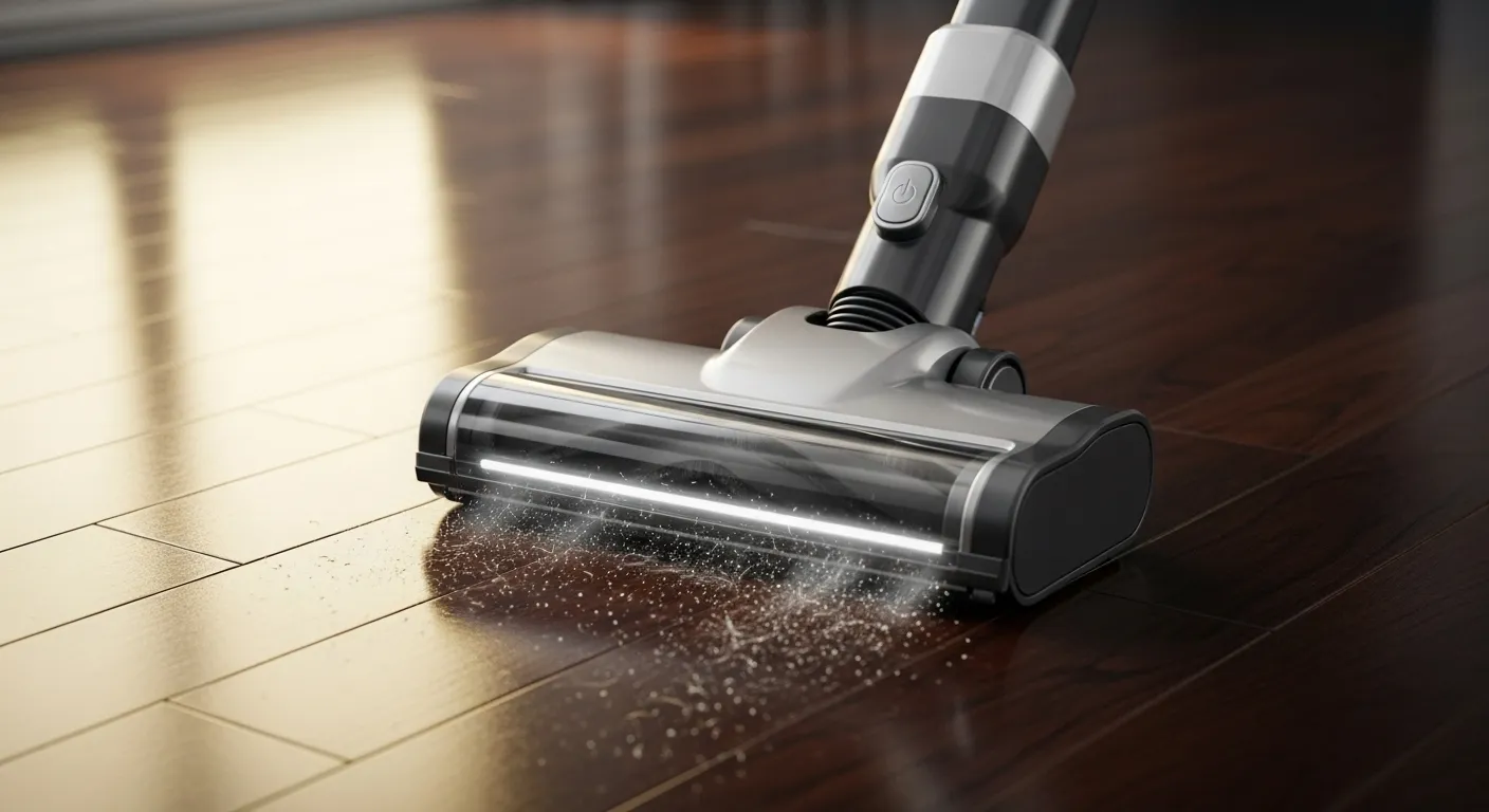 Cordless stick vacuum cleaning a hardwood floor.