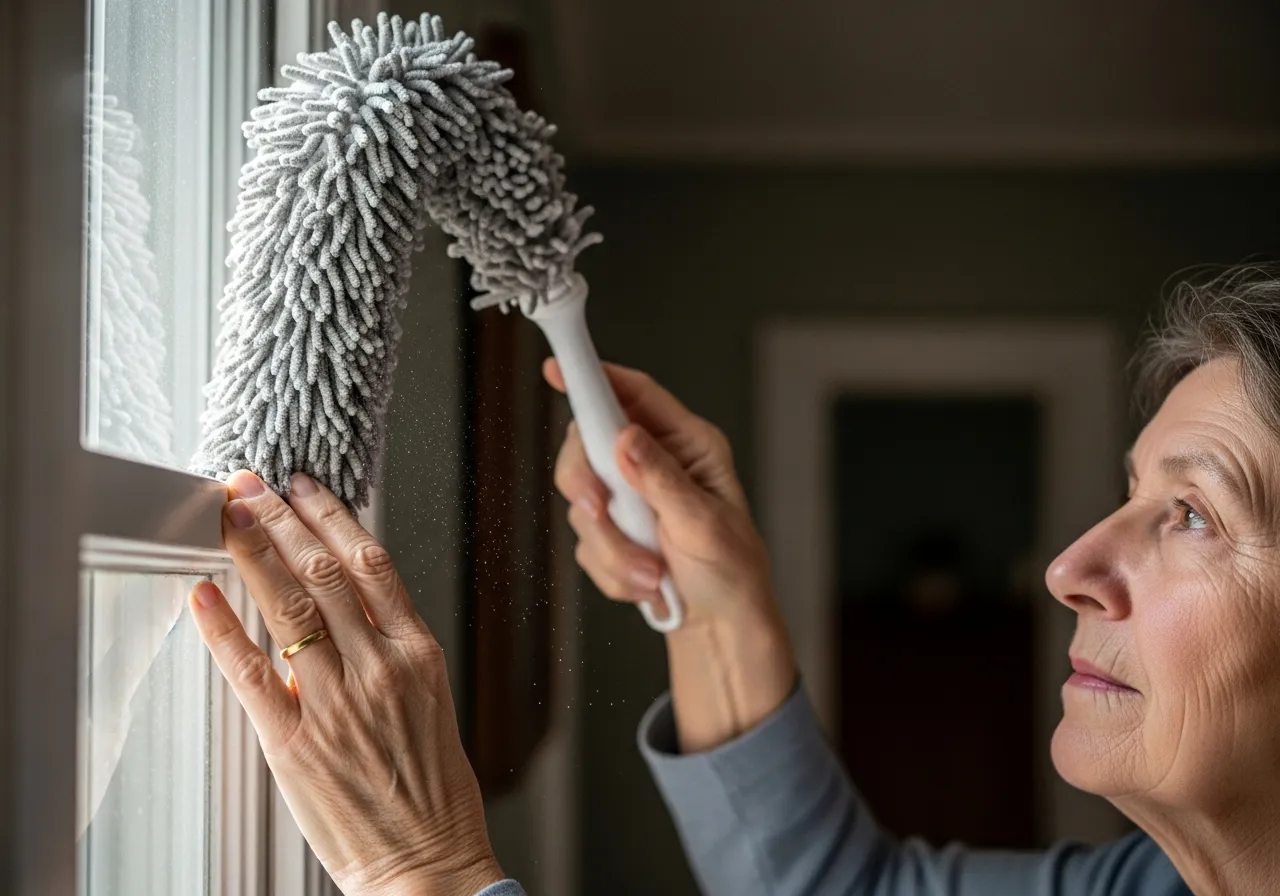 Person using extendable duster on window casing.
