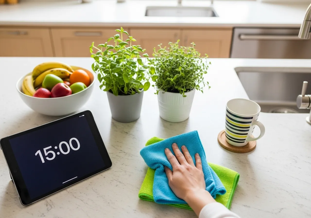Wiping kitchen counter, 15-minute timer visible on a tablet.