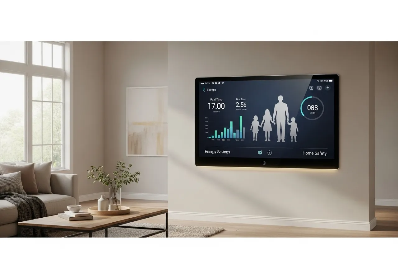 Smart home panel with energy data and family graphic.