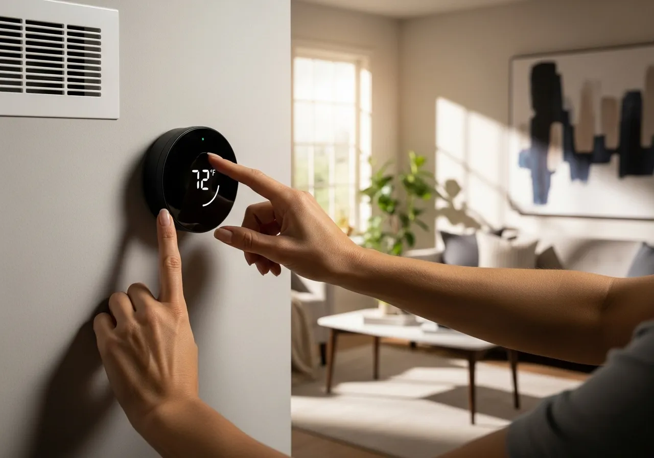 Smart thermostat on a wall, clean air vent, bright living room.