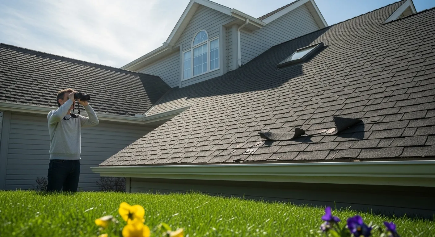 Homeowner inspecting roof with binoculars.