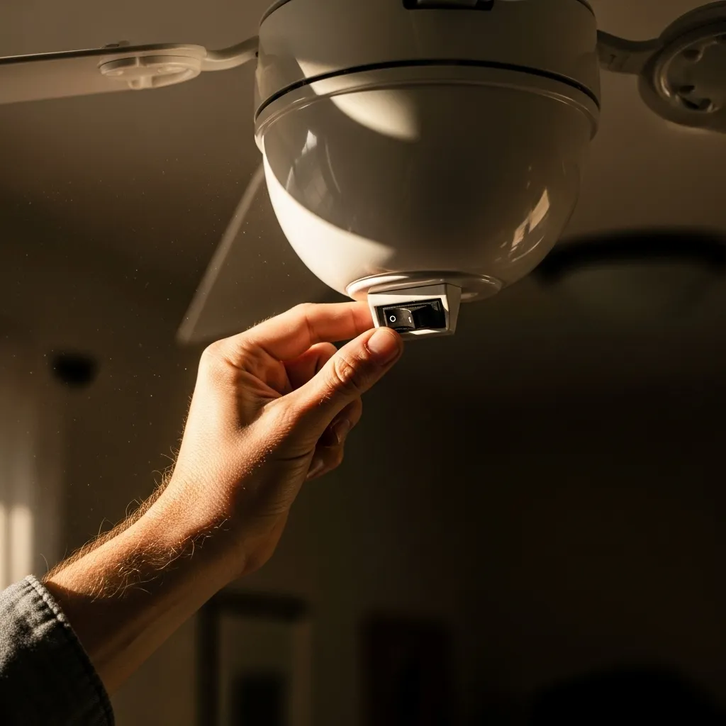 Hand sets ceiling fan to summer setting.