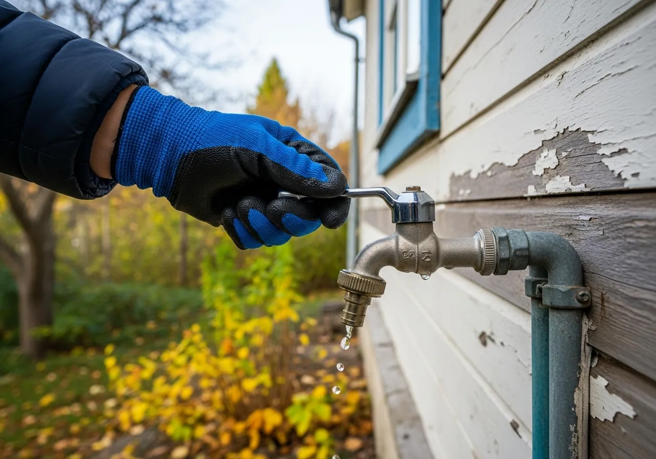 Hand turning off an outdoor water faucet.
