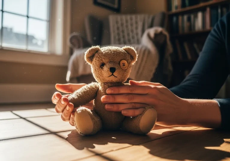 Hands holding a worn teddy bear in soft window light.