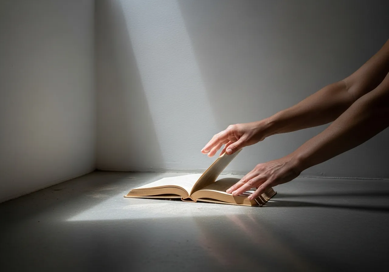 Open cookbook on the floor in an empty room.
