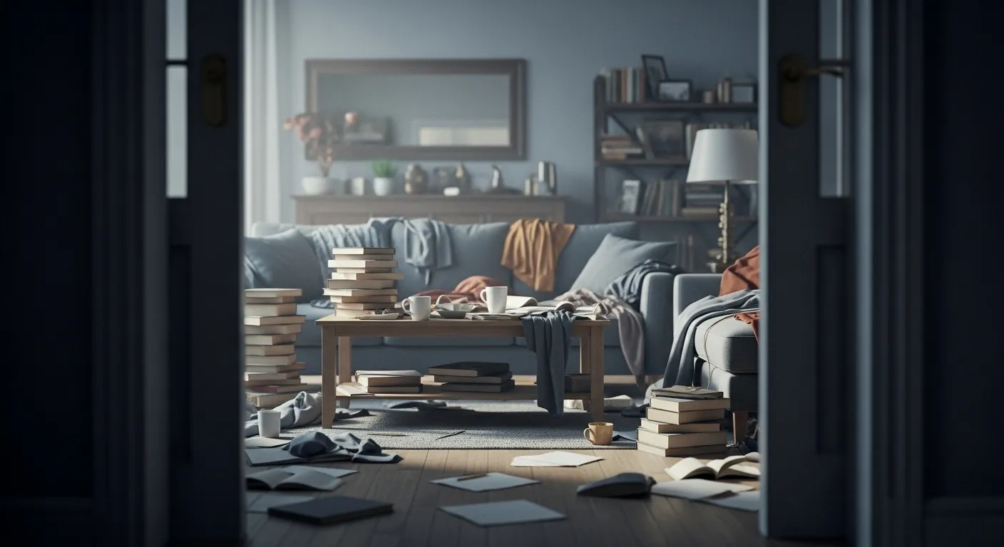 Blurry, cluttered living room seen from a doorway.