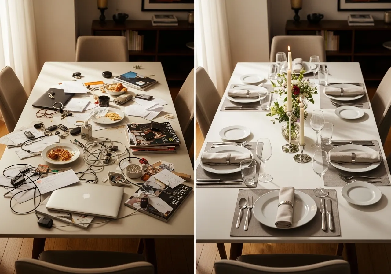 Before & after: cluttered table vs. clean table set for a meal.