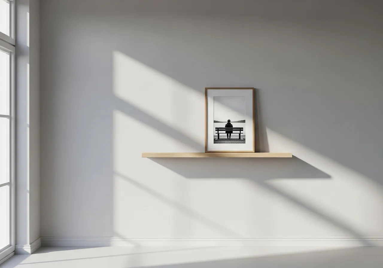 Empty shelf with one framed photo, minimalist composition.