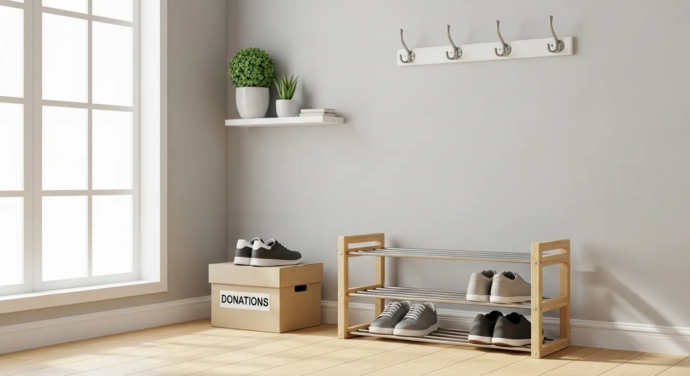 Organized entryway with designated spaces for shoes and a donation box.